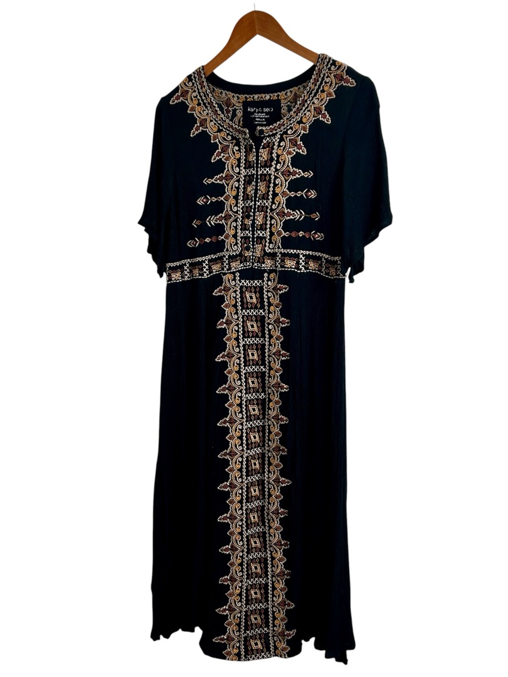 Karyn Seo Black Embroidered Short-Sleeved Boho Midi Dress, Medium